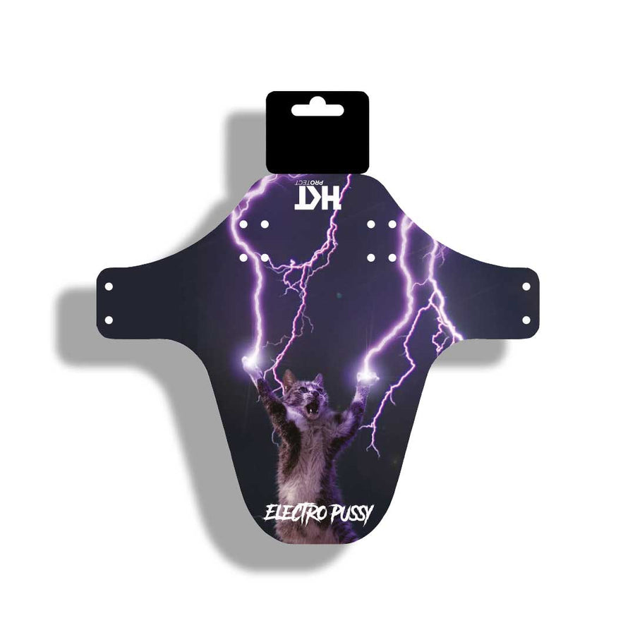 The Electro Pussy mudguard with a cat and lightening on the design. The HKT Protect logo is displayed at the top of the mudguard with holes to connect the cable ties to fit correctly. 