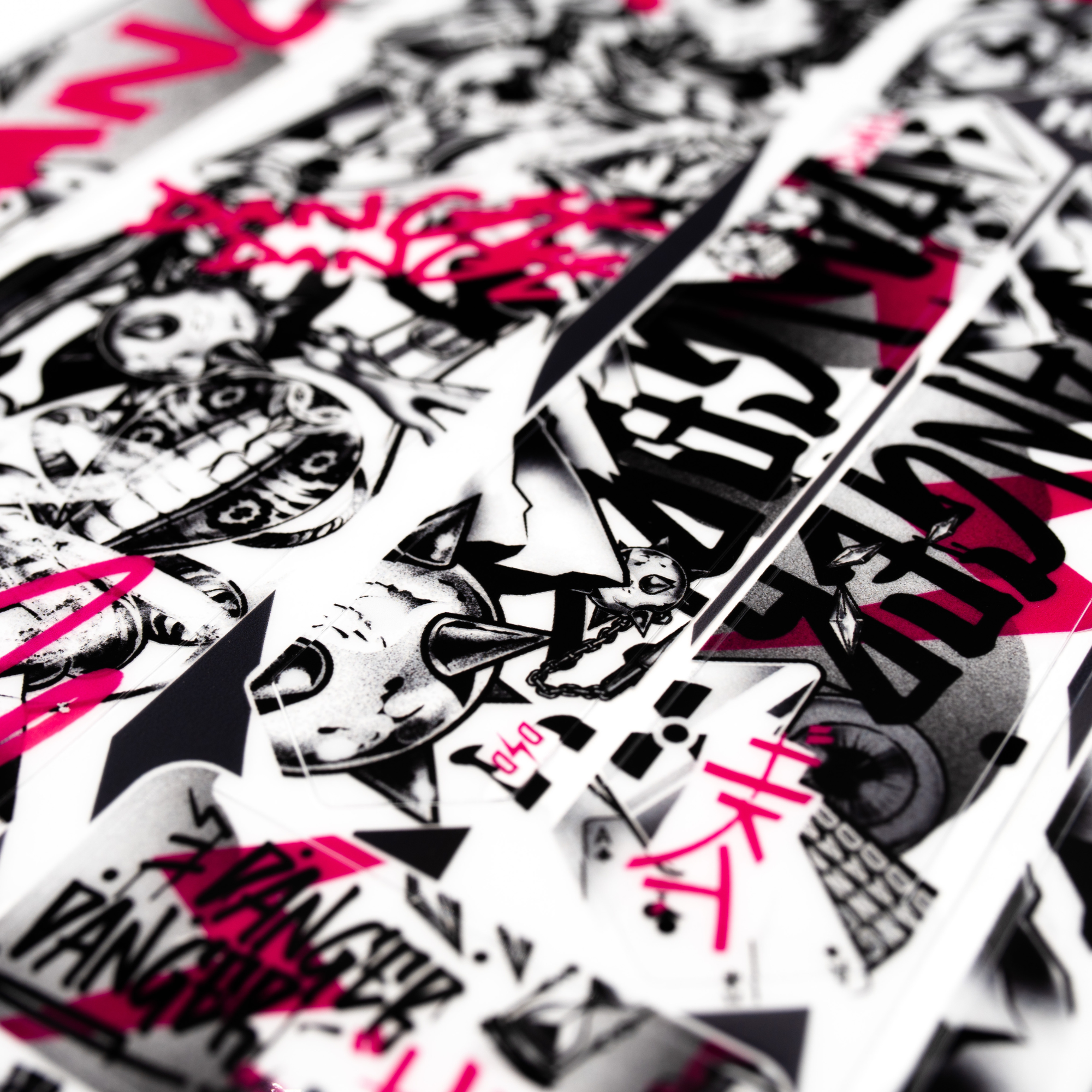 Collage of black and white graphics with pink text on a white background
