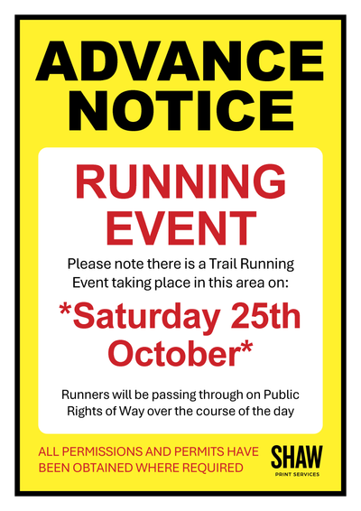 Advance notice sign for a trail running event on Saturday 25th October, with 'Shaw Print Services' branding.