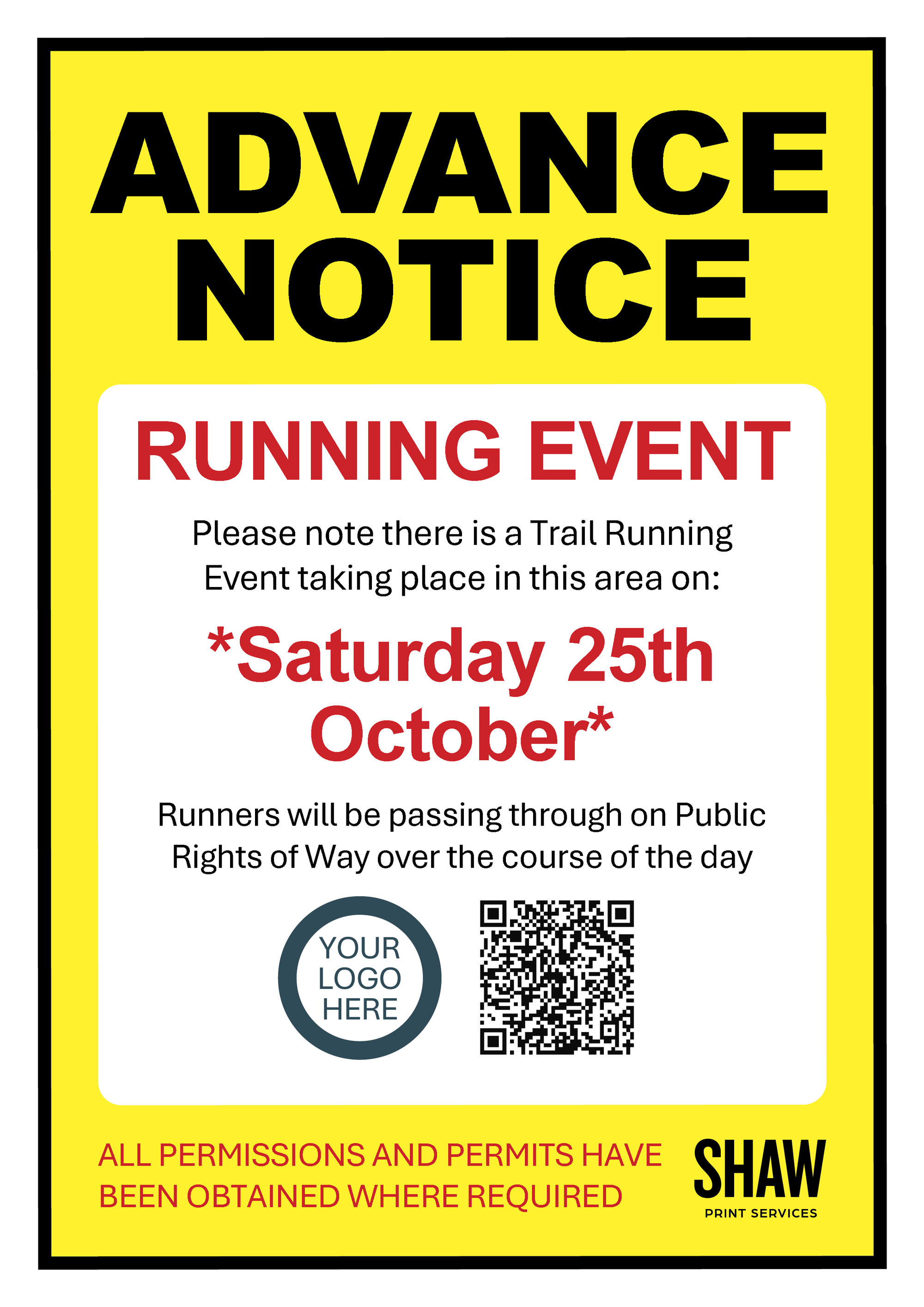 Advance notice sign for a trail running event on Saturday 25th October, with a yellow border and black text.
