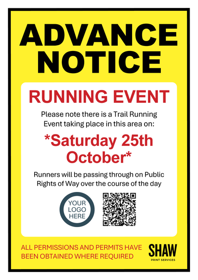 Advance notice sign for a trail running event on Saturday 25th October, with a yellow border and black text.