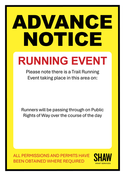 Yellow and black warning sign about a trail running event with text and branding.