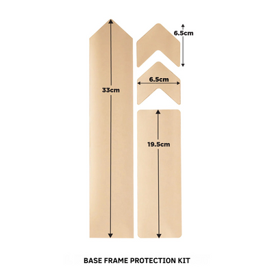 Base frame protection kit with measurements on a white background