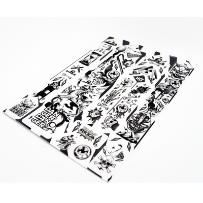 Sheet of black and white Dead Luck frame protection kit on a white background