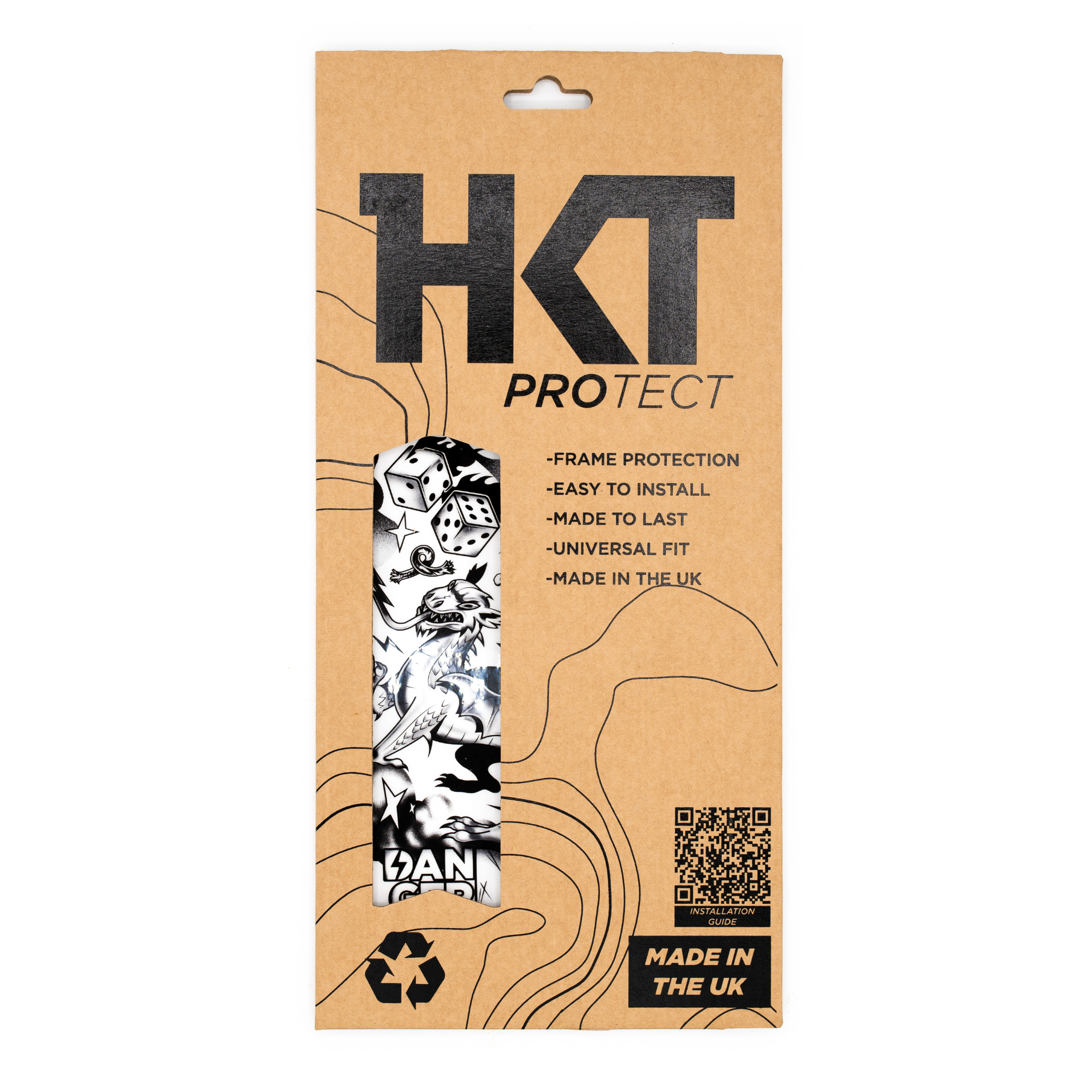 HKT Protect Dead Lucky frame protection.  Packaging with brand name and product features on a beige background