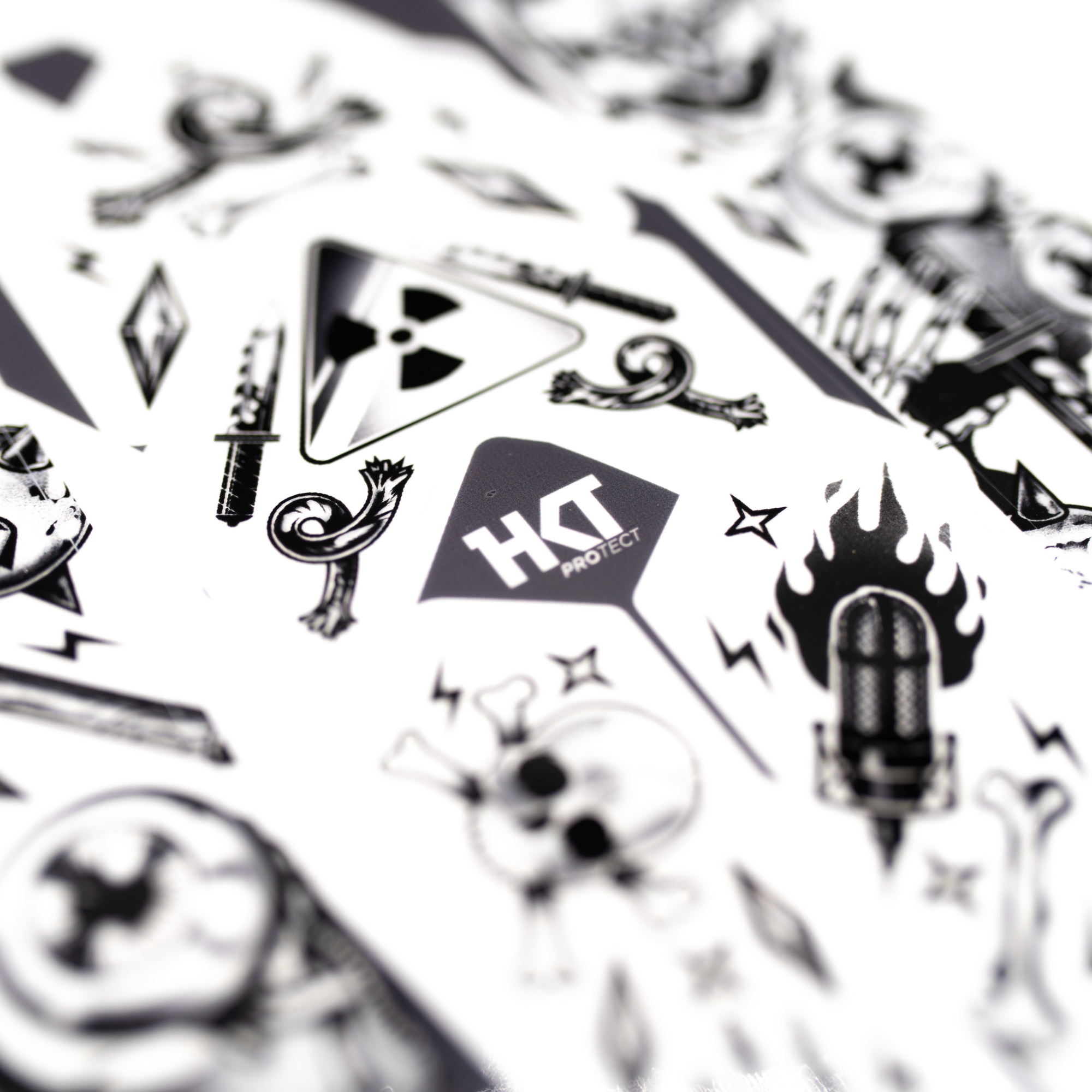 Black and white bicycle frame kit with various symbols and a visible brand logo.