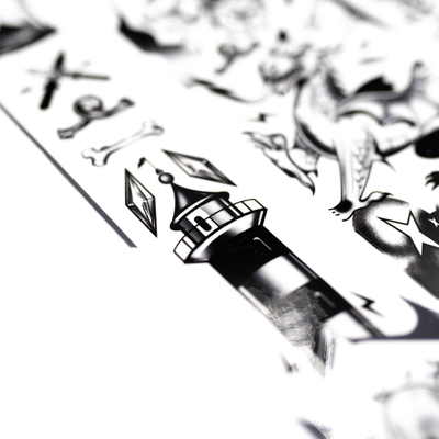 Black and white design of a lighthouse with stars and other elements on a white background.