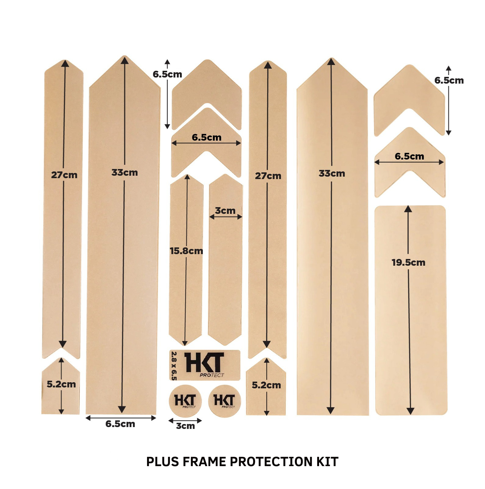 Plus frame protection kit with dimensions and HKT branding on a white background