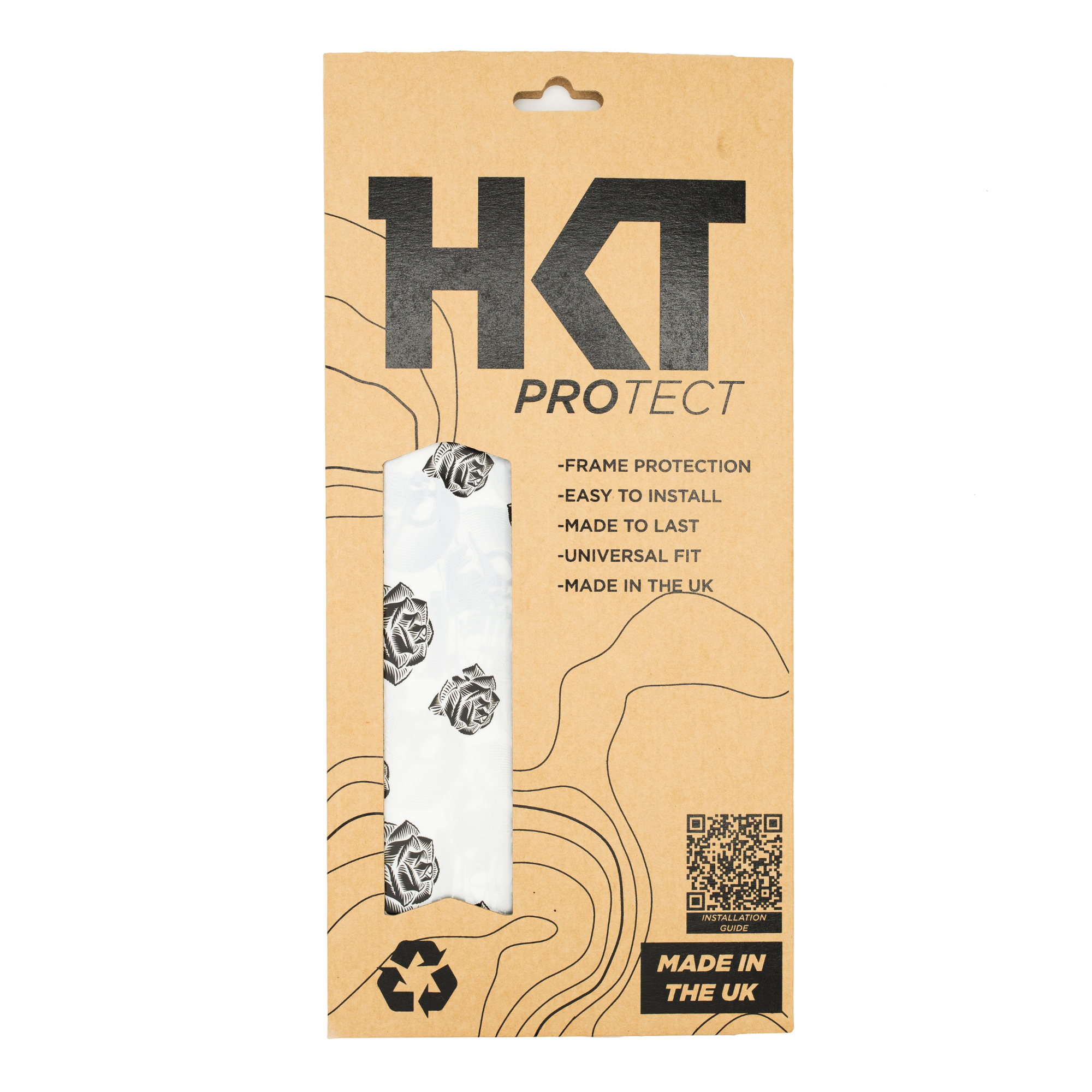HKT Protect packaging with a rock and roll silver frame protection product on a beige background