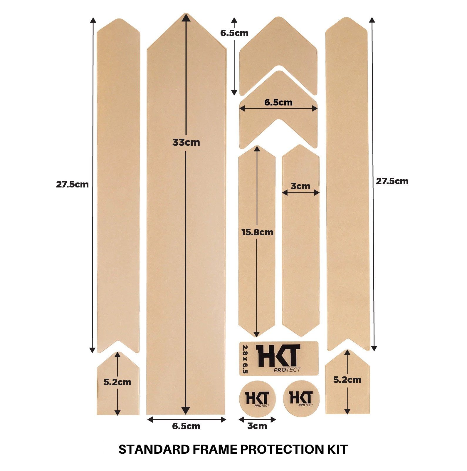 Measurement chart of a standard frame protection kit with HKT branding.