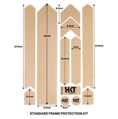 Measurement chart of a standard frame protection kit with HKT branding.
