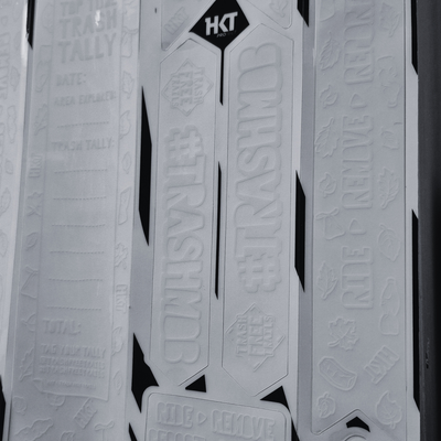 Close-up of white frame protection kit for Trash Free Trails.