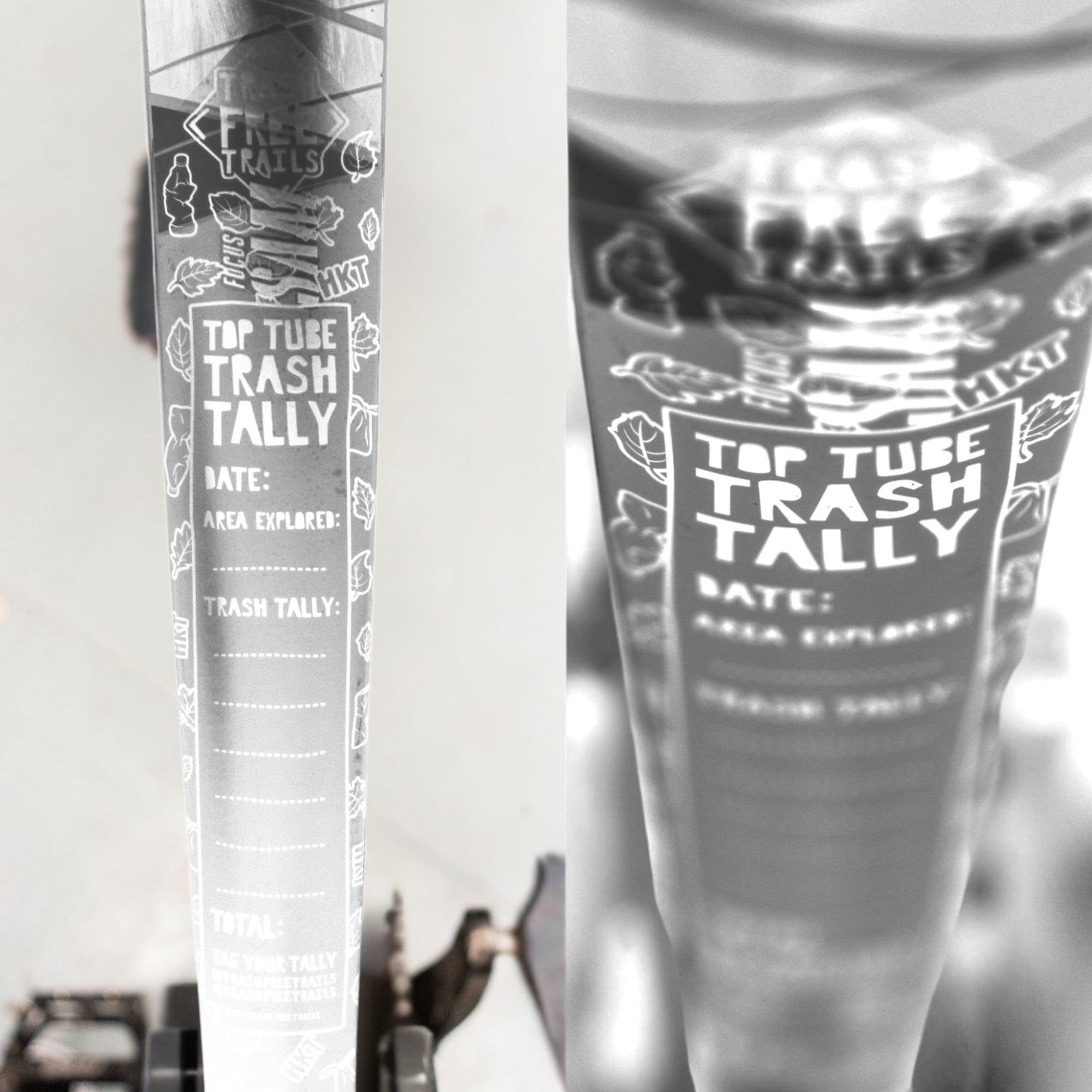 Trash Free Trails Standard White Protection Kit  on a silver bike frame.