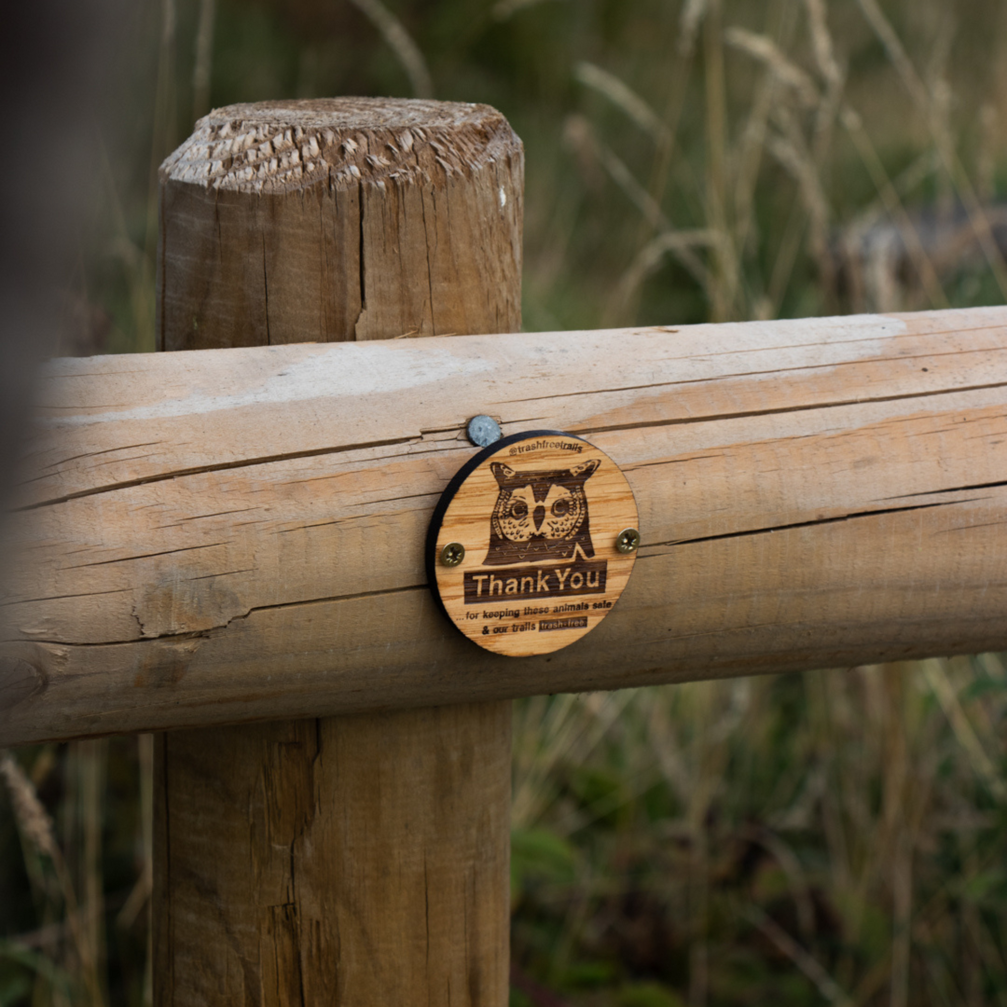 Wooden post with a circular wooden plaque featuring a owl illustration and text 'Thank You'.