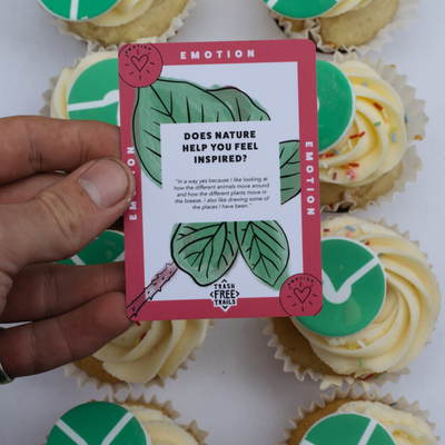 Hand holding a card with nature-themed questions in front of cupcakes