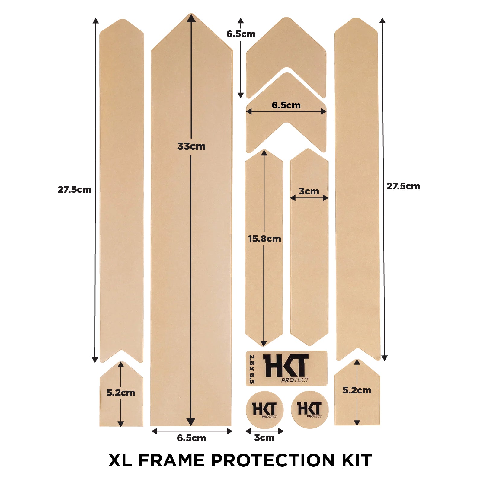 Measurements of the 12 piece Clear XL Bike Frame Protection Kit Stickers