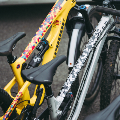 Born in the 80's colour and black and white frame kits on a yellow and silver bike.