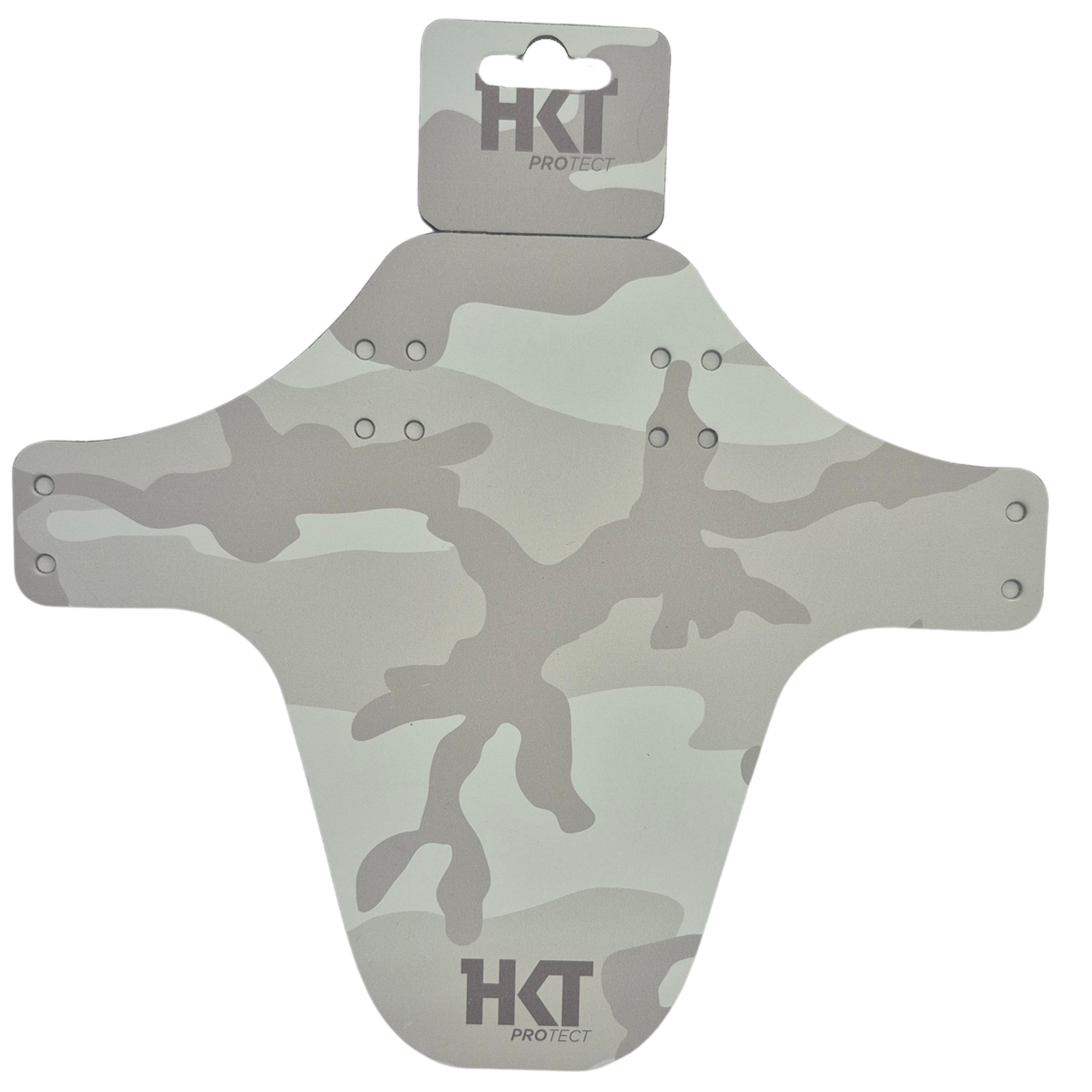Snow camouflage-patterned bike mud guard with HKT branding on a white background