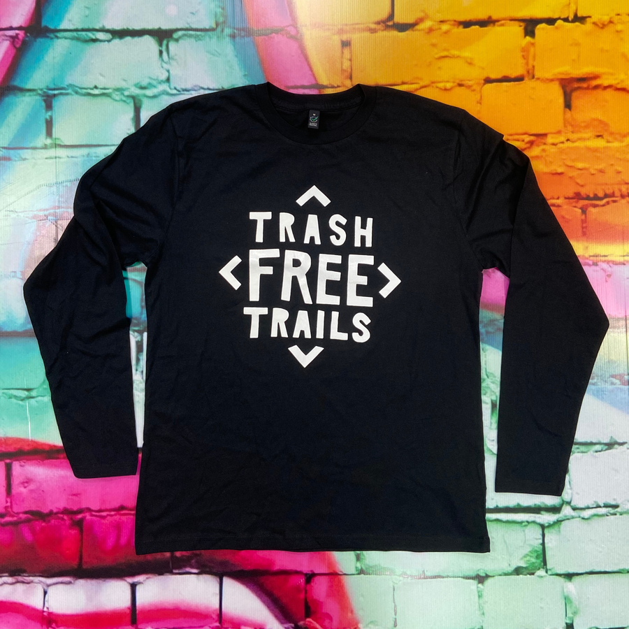 Trash Free Trails Long Sleeve Black TShirt with large TFT logo on the front. 