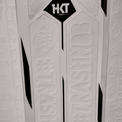 Close-up of a protective white frame kit with 'HKT' branding background.