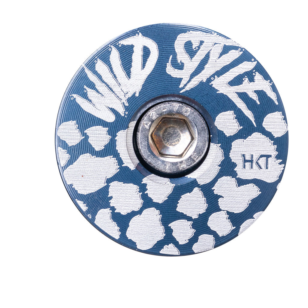 Wild Style Text blue stem cap with silver bolt.